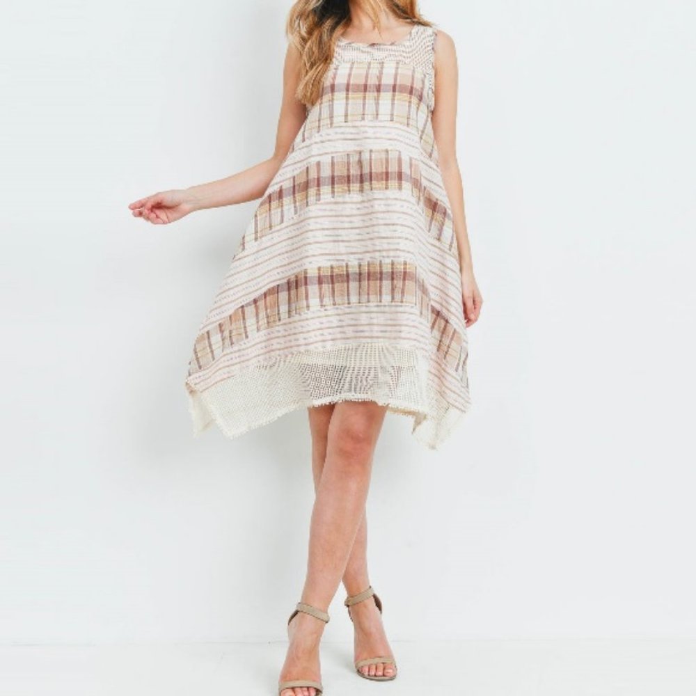 Handkerchief Hem Mesh Detail Mixed Plaid Dress